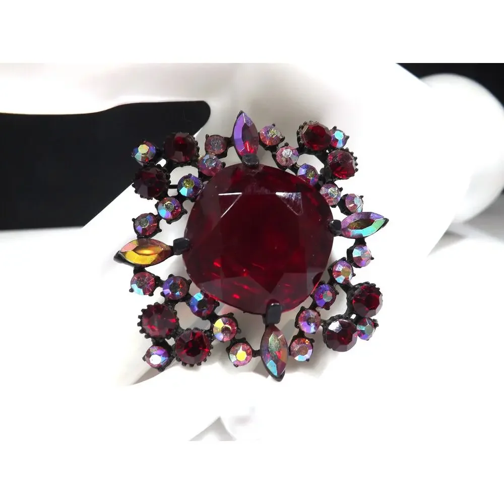 Red Large Rhinestone Aurora Borealis Brooch, Japanned Black Enamel 1970s Vintage